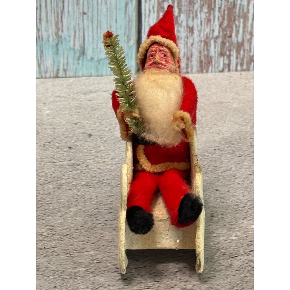 Antique 1930s Japan Santa Cardboard Sleigh Molded Composition Face Brush Tree - Picture 7 of 9